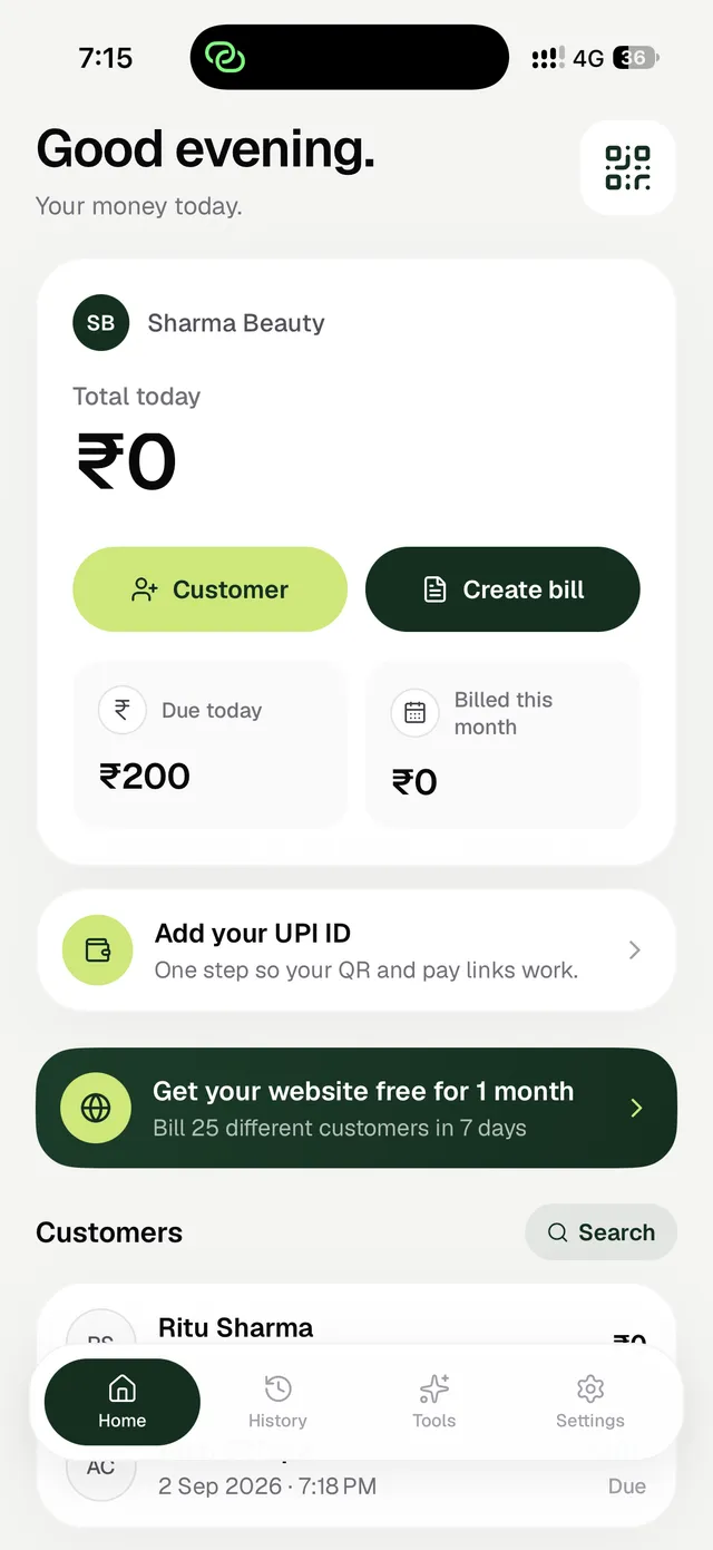 MoneyKit home screen with today's total