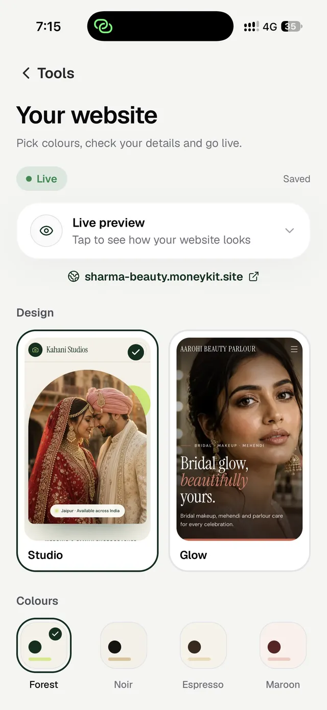 Website editor in the MoneyKit app